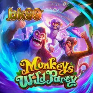 Monkeys Wild Party স্লট গেমের স্ক্রিনশট, যেখানে বানর এবং ওয়াইল্ড মাশরুম প্রতীক দেখা যাচ্ছে।